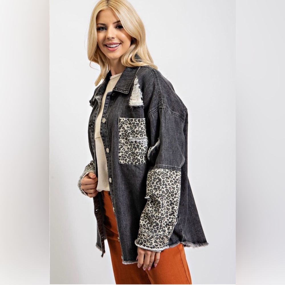 HYFVE Black Washed Denim Jacket with Leopard Print Accents